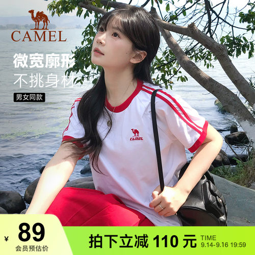 骆驼纯棉T恤女春夏季短袖圆领情侣新款复古宽松运动休闲上衣男