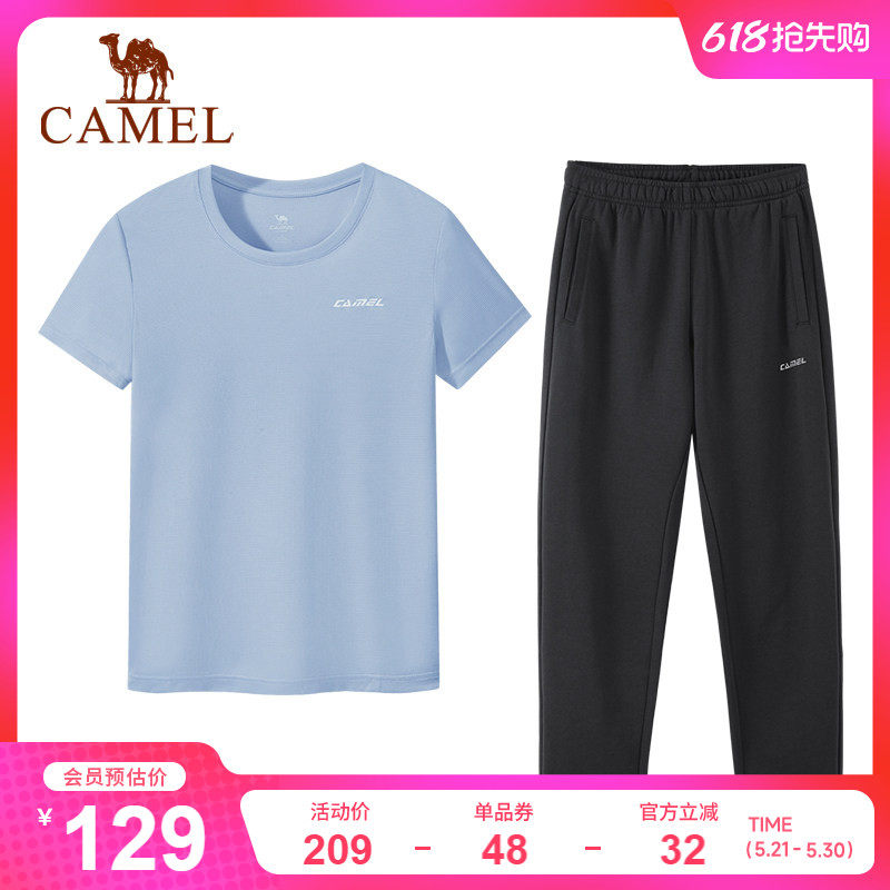 骆驼运动套装女2026春夏新款宽松透气吸汗短袖配薄款直筒休闲卫裤