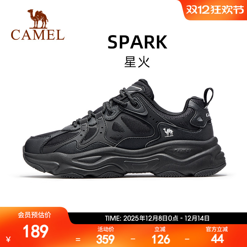 骆驼星火休闲鞋男2025新款黑色厚底老爹鞋减震复古跑步鞋运动鞋