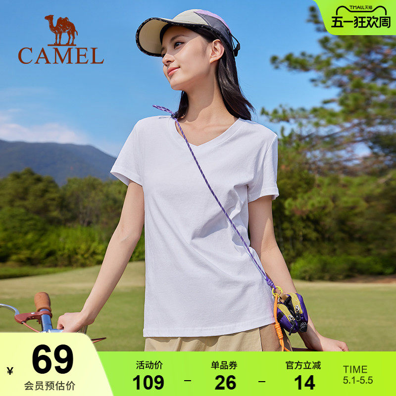 骆驼v领正肩短袖T恤女2026新款打底衫辣妹慵懒风白色纯棉运动上衣