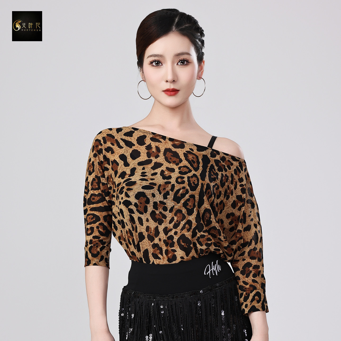 火叶花网纱透视拉丁舞斜肩连体衣