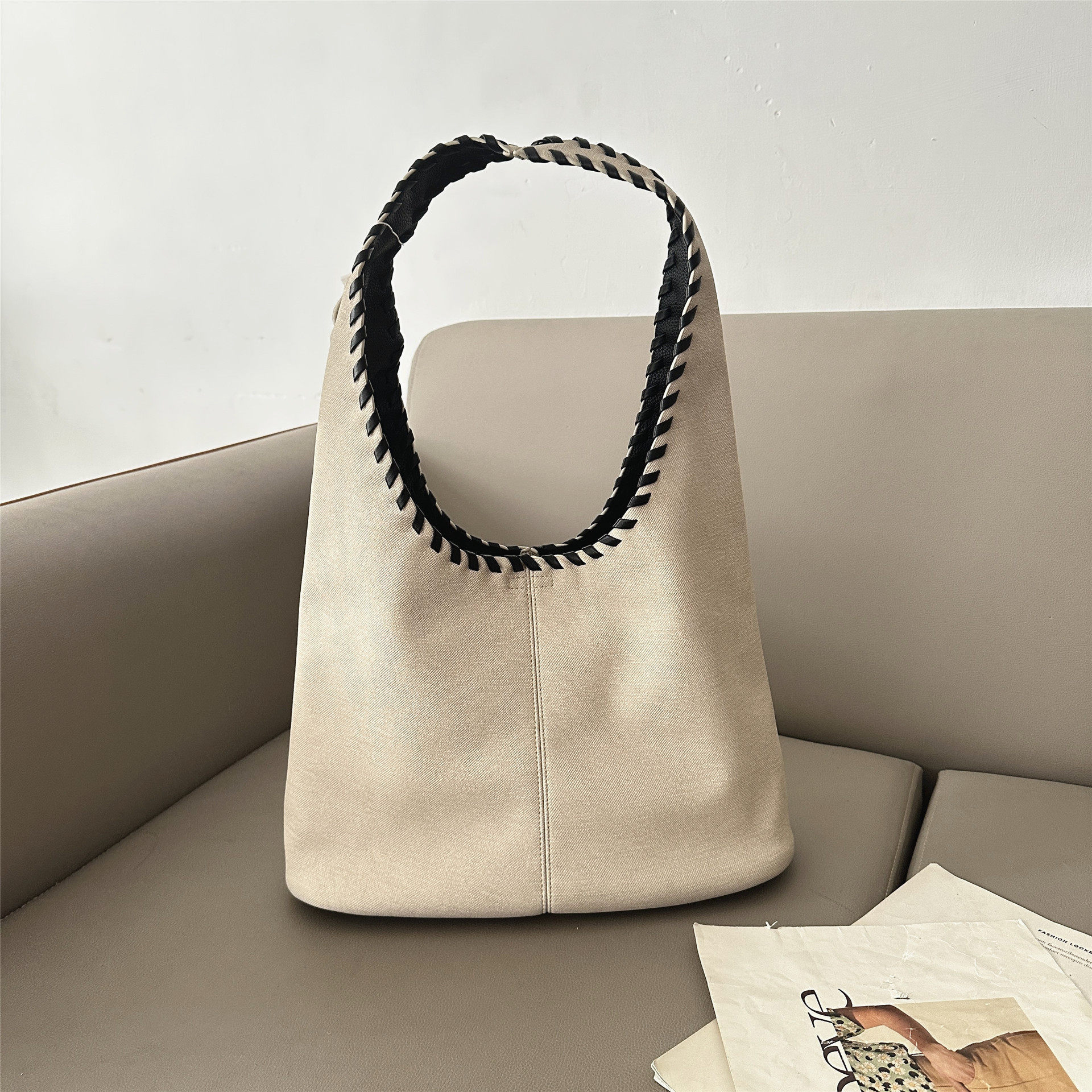 简约软面托特包大容量帆布编织手柄单肩包百搭子母包腋下包法棍包