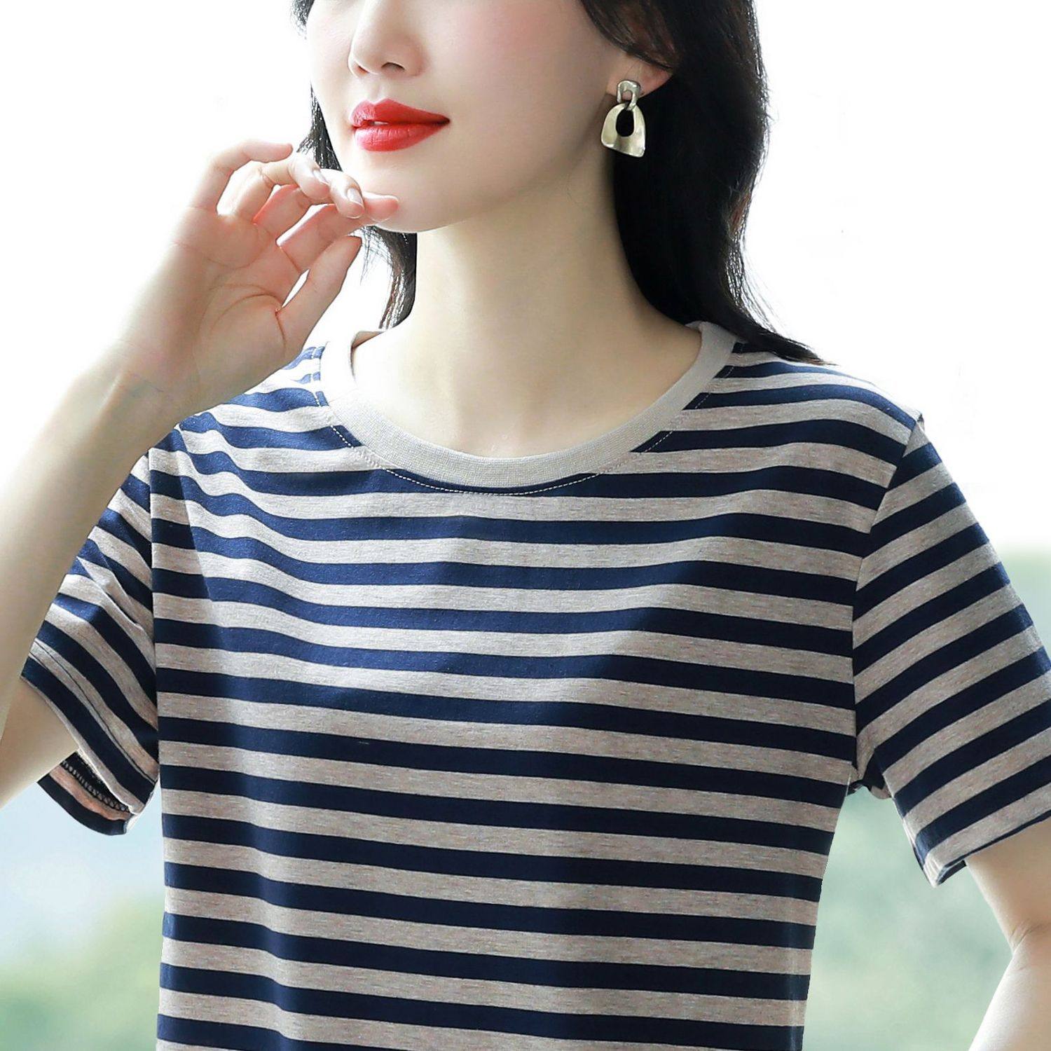 好质量纯棉短袖t恤女半袖上衣新款夏季条纹妈妈装宽松大码体恤衫