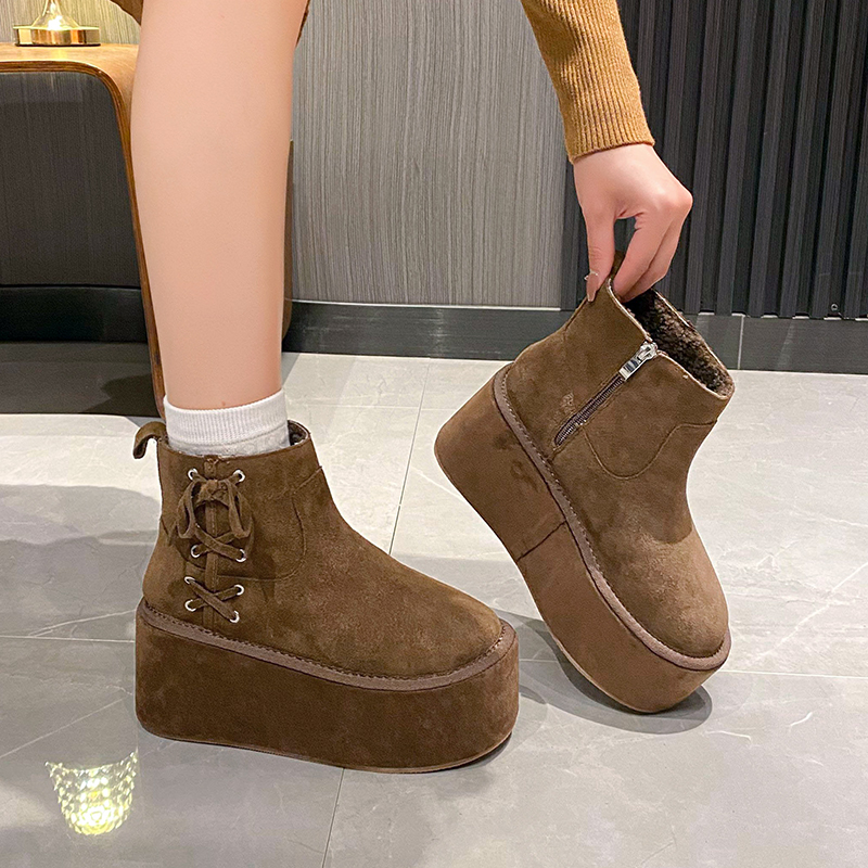 棕色厚底雪地靴女增高毛毛靴保暖