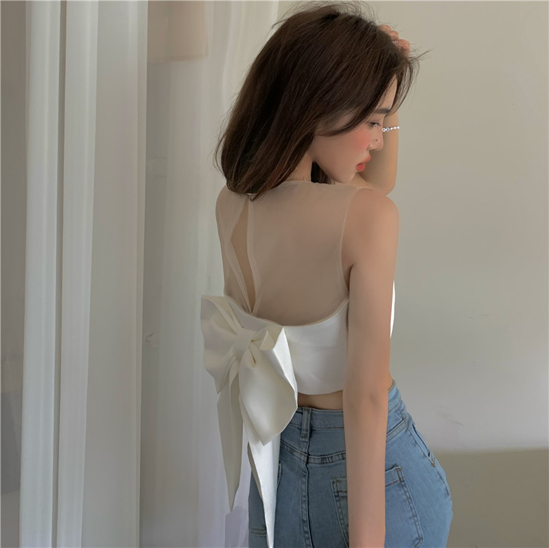 Real auction real price versatile mesh stitching back large bow sleeveless chiffon shirt