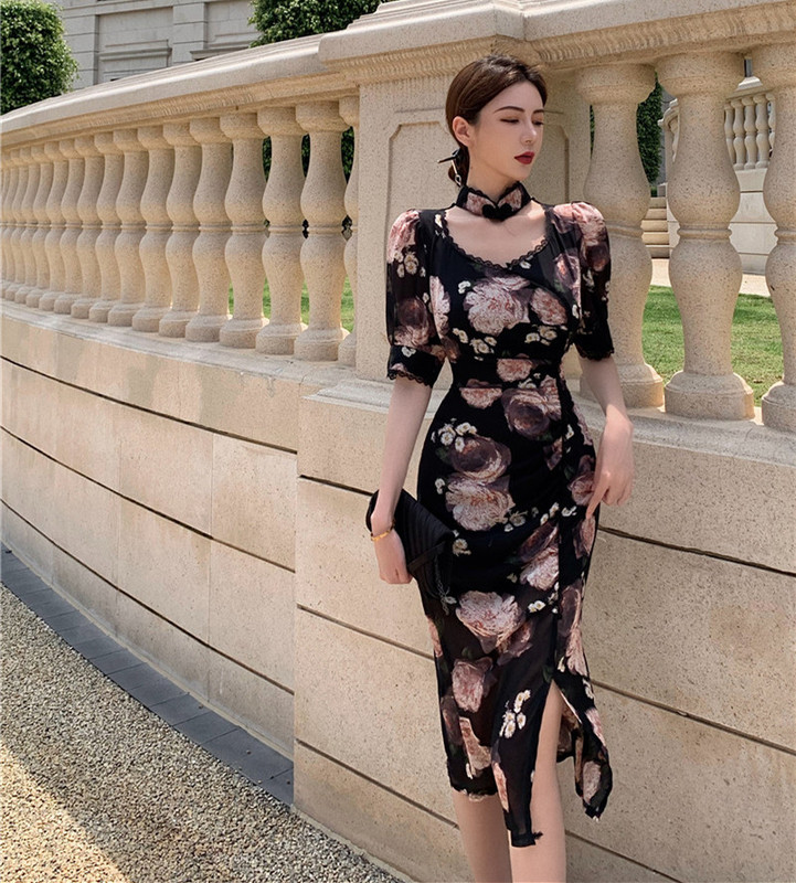 Real price, versatile, retro minority flower cheongsam dress