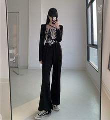 Real price, versatile, fake two contrast Long Sleeve Top + high waist split wide leg casual pants