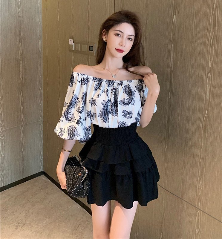 Real price, versatile, retro pattern off the shoulder top with one line collar + high waist shawl skirt