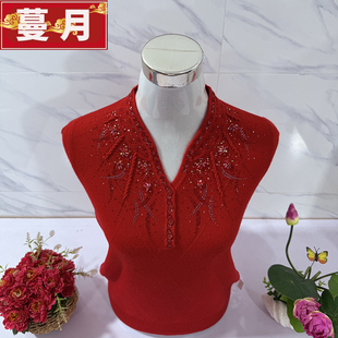 中老年人女妈妈秋冬季100纯羊毛针织打底衫V领本命年红色毛衣绣花