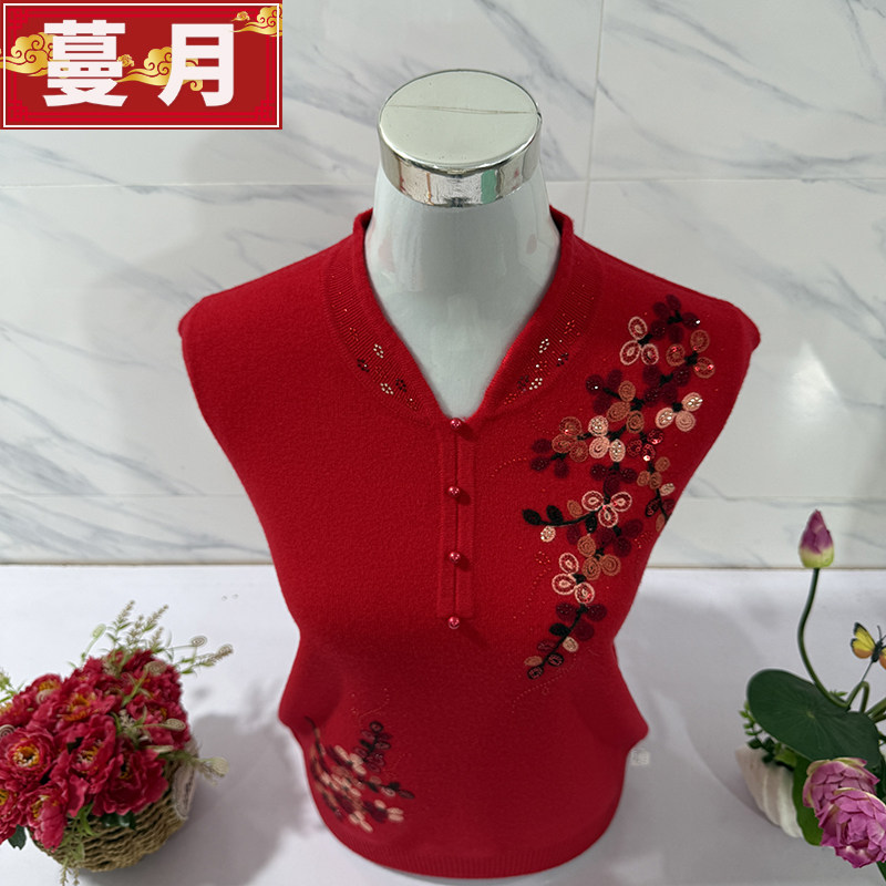 中老年女秋冬季100%纯羊毛衫本命年大红色旗袍领毛衣针织打底小衫