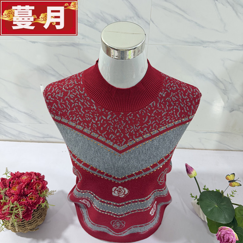 中老年女装半高领针织毛衣妈妈装红色烫钻宽松显瘦上衣圆领蝙蝠衫