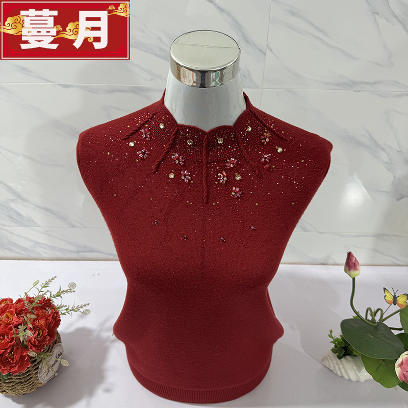 妈妈装半高领烫钻加绒针织打底衫