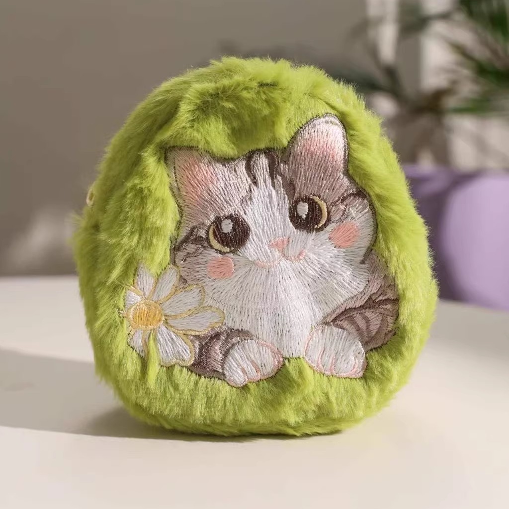 彩云印记人丝线刺绣可爱猫咪耳机包毛绒零钱包小卡包硬币包钥匙包