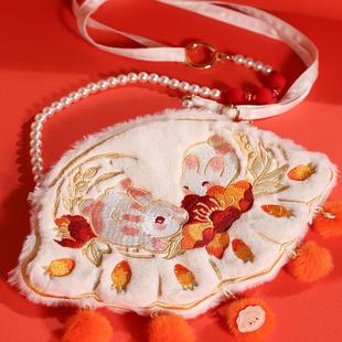 彩云印记饺子兔冬新款手机女包毛绒包包可爱新年汉服包包儿童礼物