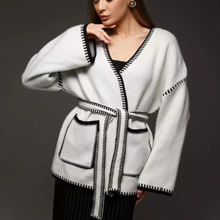 mid contrasting length knitted sweater Womens cardigan loose