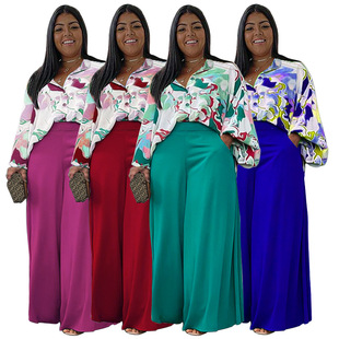 women's loose plus size casual shirt top, wide leg pants set