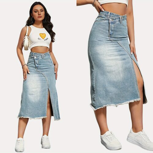 Retro denim midi skirt for women, split stitch A-line skirt