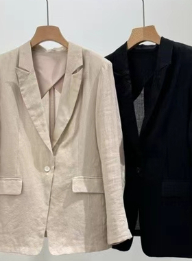 2025新款时尚西服领一粒扣长袖麻料简约西服女西装外套百搭精品