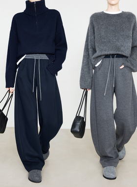 夏莫卡蚕丝醋酸羊毛卫裤加厚保暖小火炉撞色松紧腰休闲弯刀裤7957