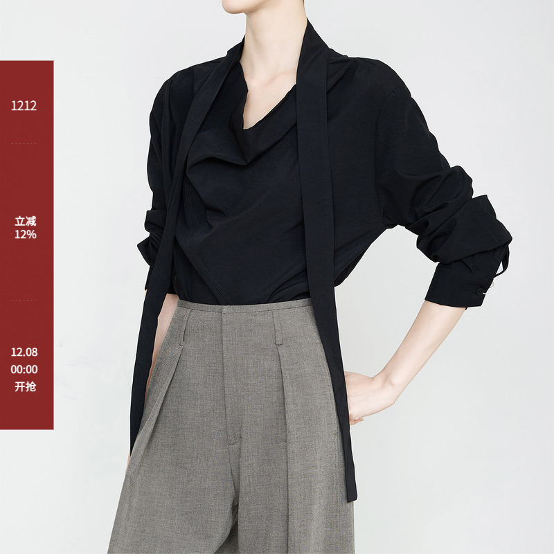 夏莫卡时髦通勤风系带黑色衬衫