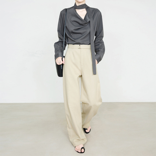 夏莫卡天丝棉卡其色休闲裤女春新款极简通勤风高腰显瘦直筒裤7008