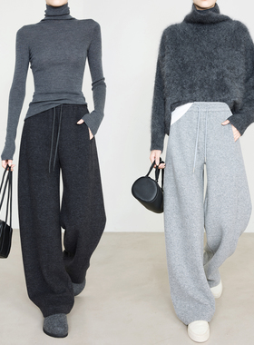 夏莫卡灰色毛呢阔腿裤女加厚澳洲羊毛裤香蕉裤松紧腰休闲卫裤7951