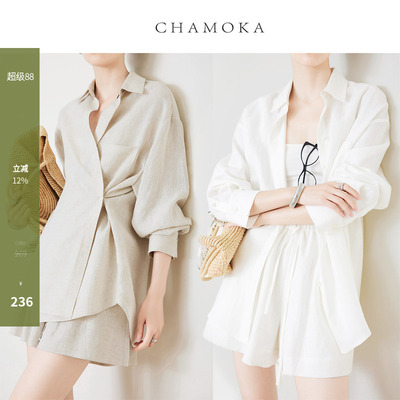 夏莫卡松弛感亚麻衬衫短裤套装