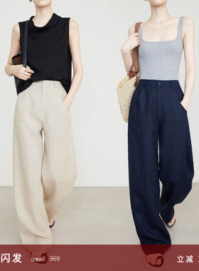 夏莫卡100%亚麻裤子女夏季藏青色通勤西装裤雨露麻直筒阔腿裤7745