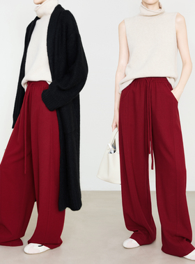 夏莫卡新年红色裤子女新款冬松紧腰本命裤100%羊毛阔腿裤加长6874