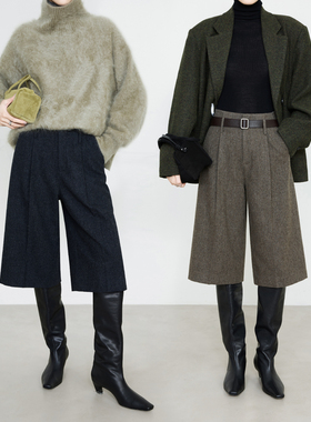 夏莫卡时髦松弛意式法兰绒全羊毛六分裤厚款毛呢裤配靴子中裤9717