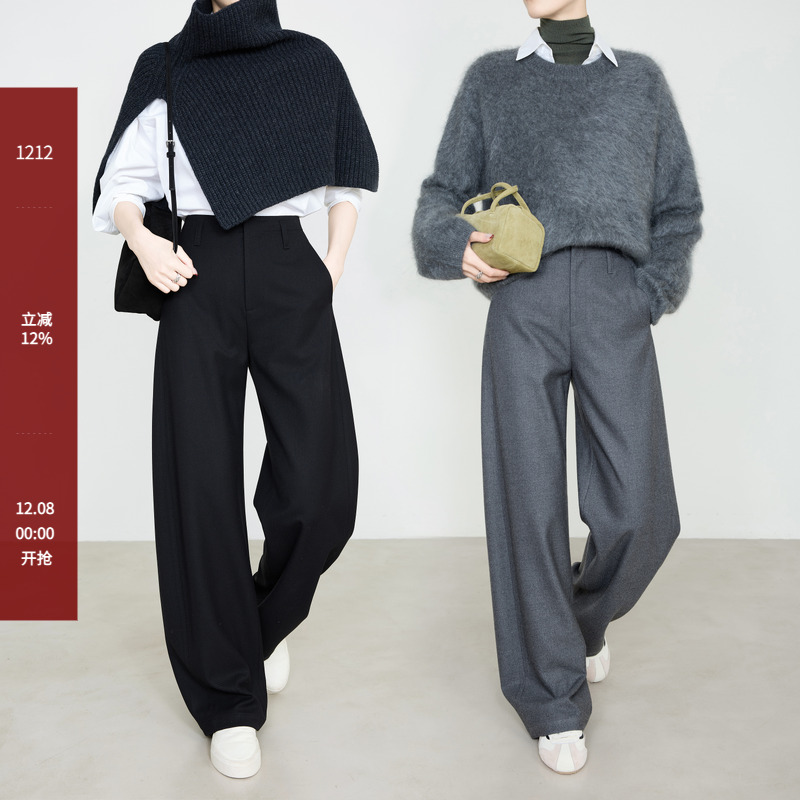 夏莫卡铜氨丝羊毛连腰微弧西装裤