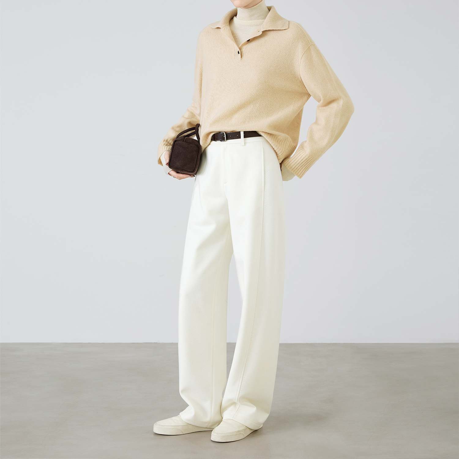 刺绣奶油白色羊毛窄版直筒裤