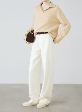 夏莫卡米白色糯米裤窄版直筒裤女秋冬糯叽叽醋酸山羊绒毛呢裤7950