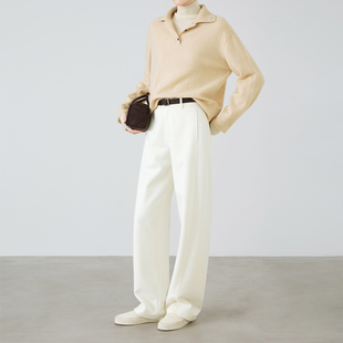 女秋冬糯叽叽醋酸山羊绒毛呢裤 直筒裤 7950 窄版 夏莫卡米白色糯米裤