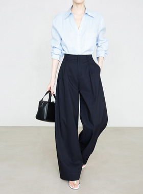 夏莫卡都市通勤深蓝色西装裤女春新品莫代尔桑蚕丝显瘦阔腿裤6888