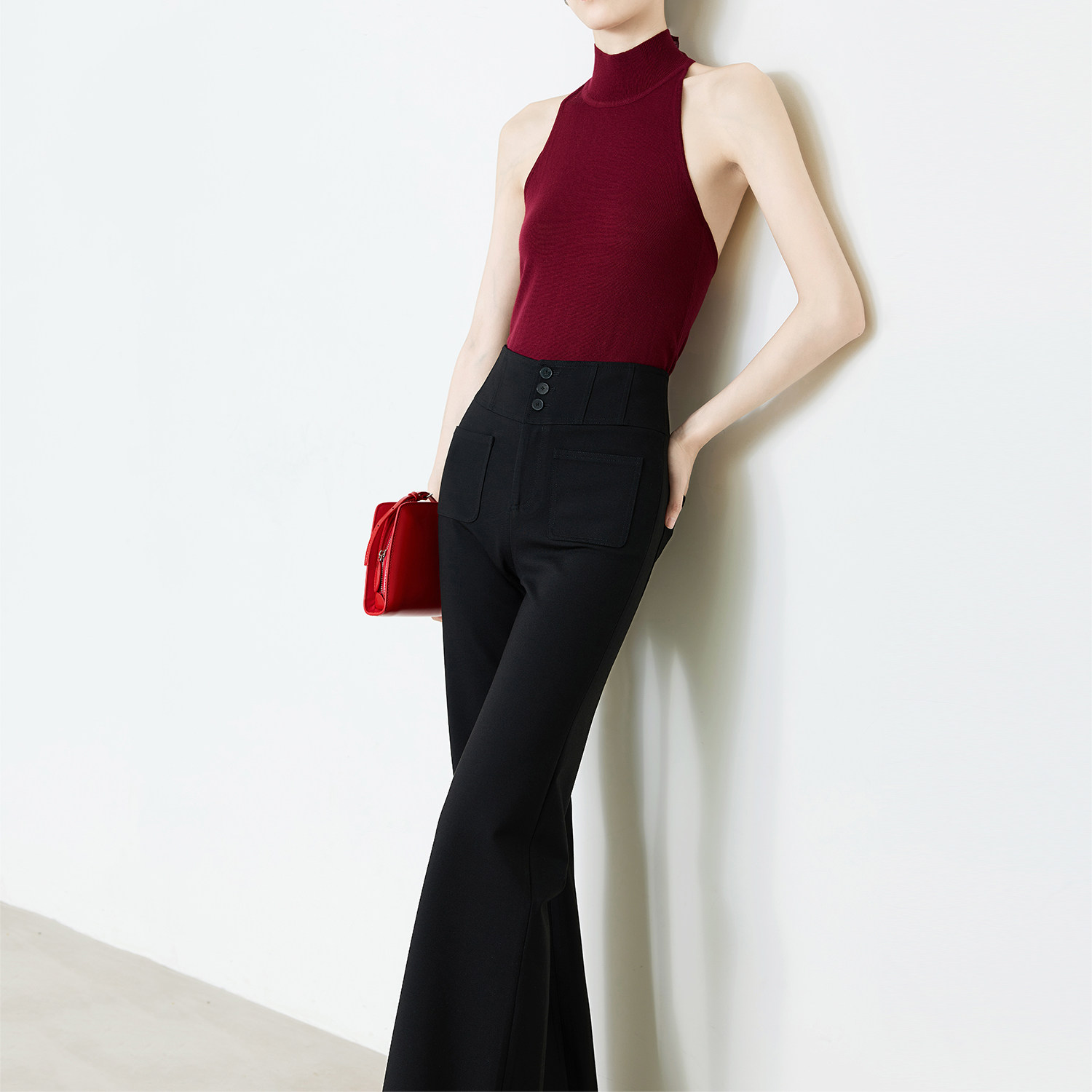 夏莫卡鱼骨腰封喇叭裤女春夏新款显瘦弹力塑形A4腰黑色微喇裤9748