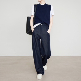 夏莫卡仿牛仔弯刀裤 藏青色裤 子显瘦香蕉镰刀裤 加长7767 女2026新款