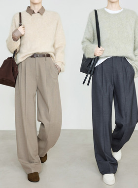 夏莫卡铜氨天丝羊毛阔腿裤女春新款通勤灰色西装裤宽松休闲裤7907