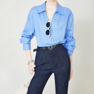 夏莫卡100%亚麻质感蓝色V领衬衫