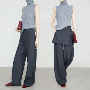 裤 铜氨天丝羊毛灰色西装 女9718 微喇直筒裤 夏莫卡时髦真两件裙帘裤