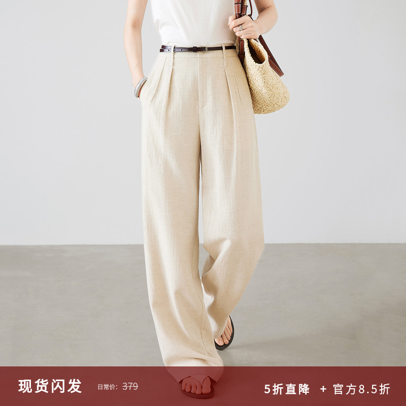 夏莫卡亚麻天丝裸奔裤老钱风裤子女原麻色直筒裤高腰阔腿裤薄7898