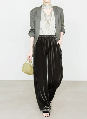 夏莫卡极简窄腰丝绒裤子女春新款显瘦不掉色韩国绒绿色直筒裤9619