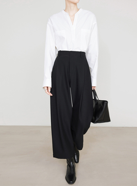 夏莫卡黑色九分阔腿裤女2026新款直筒显瘦天丝羊毛香蕉镰刀裤7780