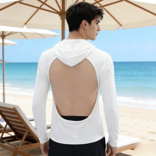 三伏天男款连帽晒背专用衣养阳气防晒头遮脖子带帽露背上衣长袖