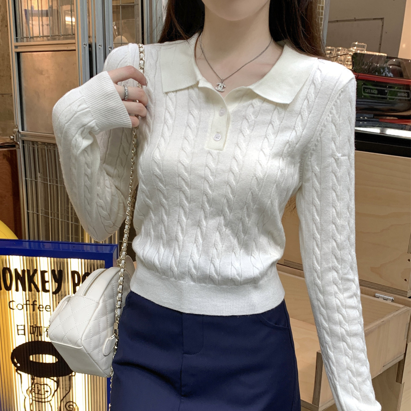 polo领短款毛衣女秋冬2025新款长袖针织衫修身内搭打底衫高腰上衣