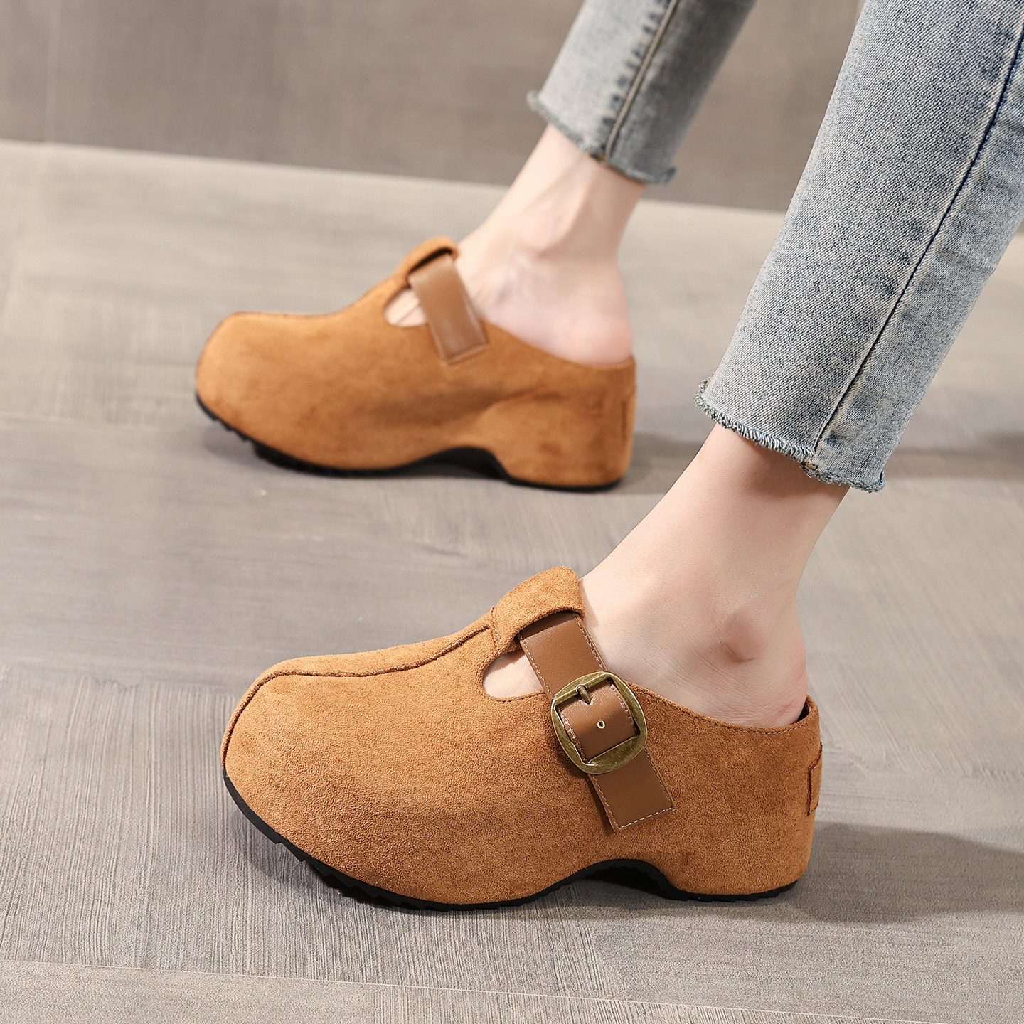 8CM复古内增高勃肯鞋女2026春季新款厚底爆款真皮外穿博肯女拖鞋