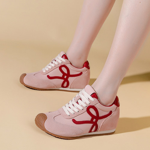 幂幂同款草莓粉7CM内增高德训鞋女2025春季新款真皮爆款阿甘鞋女