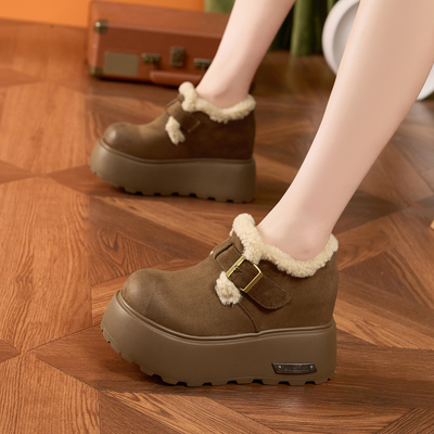10CM内增高全包勃肯鞋女加绒2025冬季新款小个子厚底毛毛乐福鞋女