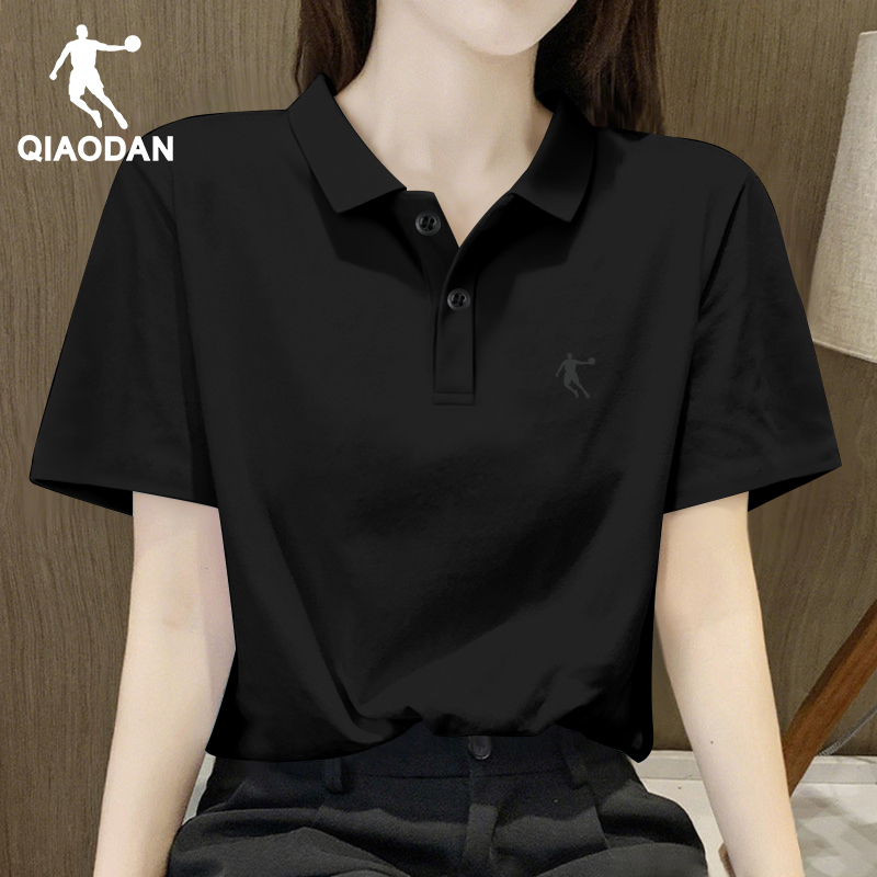 乔丹网球短袖t恤女夏2025新款黑色显瘦POLO衫翻领纯色休闲运动服