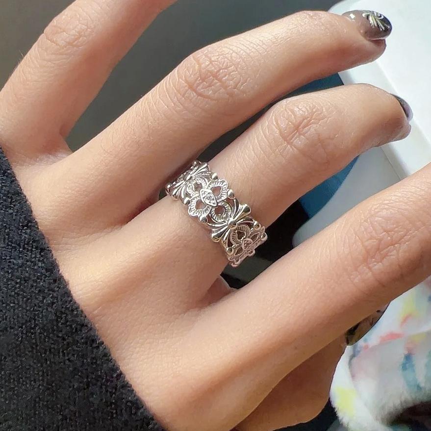 s925纯银镂空锆石花朵蕾丝戒指女